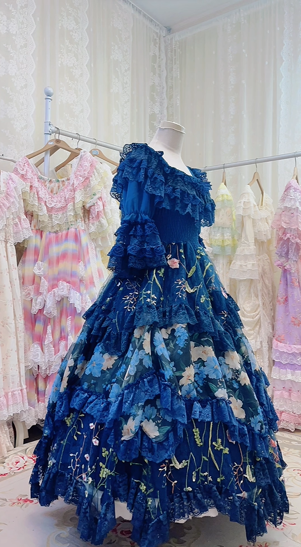 Whimsical Deep Blue Square Neck Ruffle Lace Half Sleeves Floral Embroidery A Line Long Prom Dress Birthday Dress AD1515