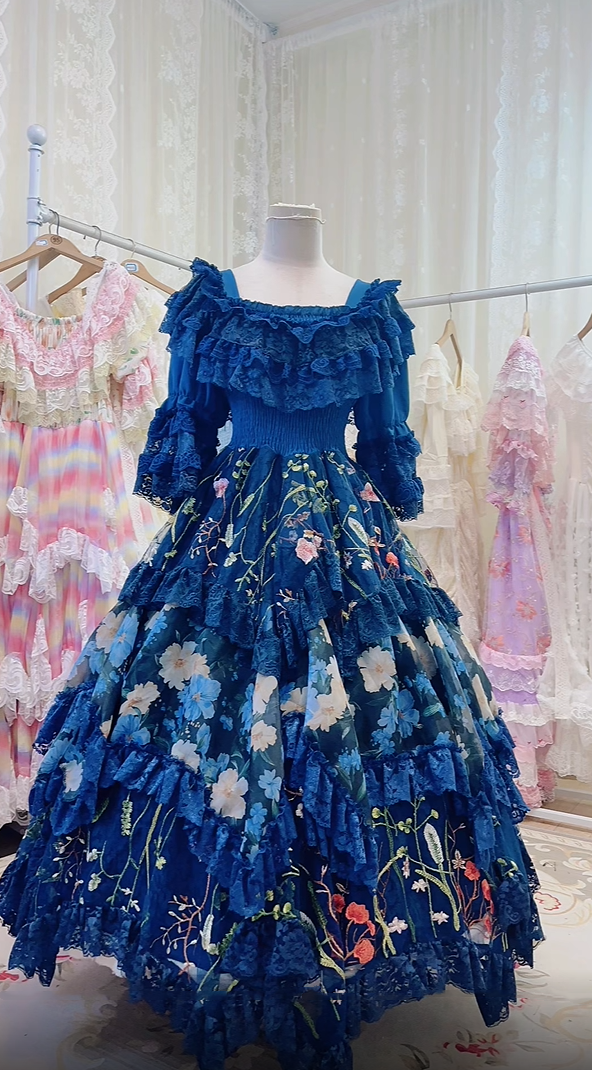 Whimsical Deep Blue Square Neck Ruffle Lace Half Sleeves Floral Embroidery A Line Long Prom Dress Birthday Dress AD1515