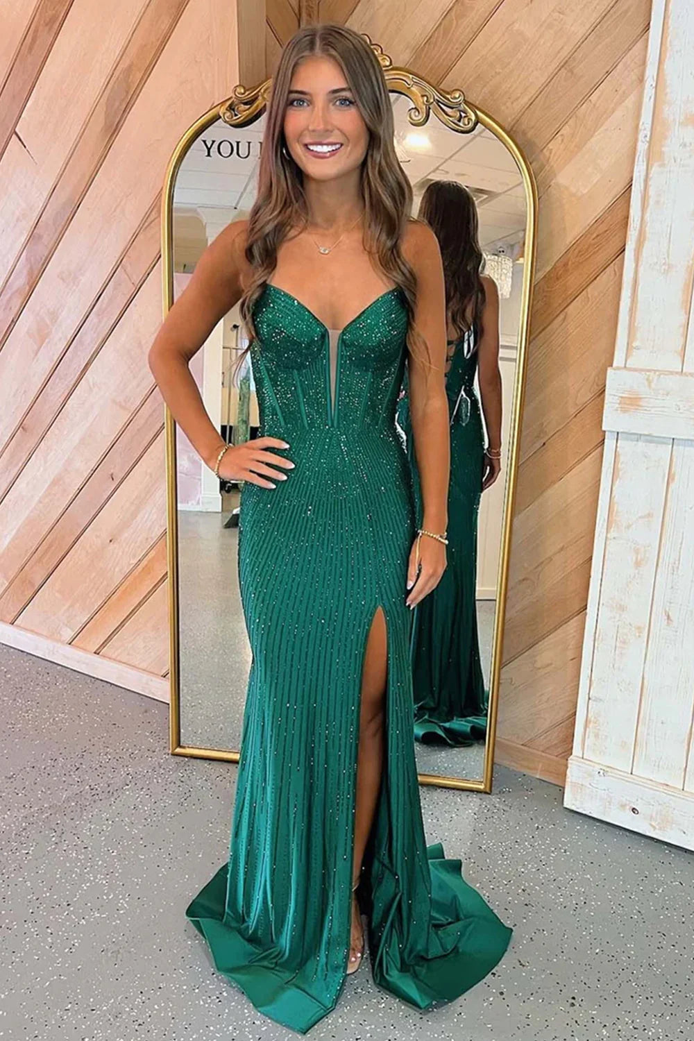 Sparkly Mermaid Spaghetti Straps Red Long Beaded Prom Dress With Beading Slit AD152