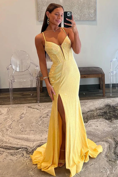 Sparkly Mermaid Spaghetti Straps Red Long Beaded Prom Dress With Beading Slit AD152