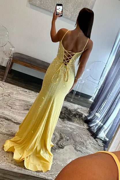 Sparkly Mermaid Spaghetti Straps Red Long Beaded Prom Dress With Beading Slit AD152