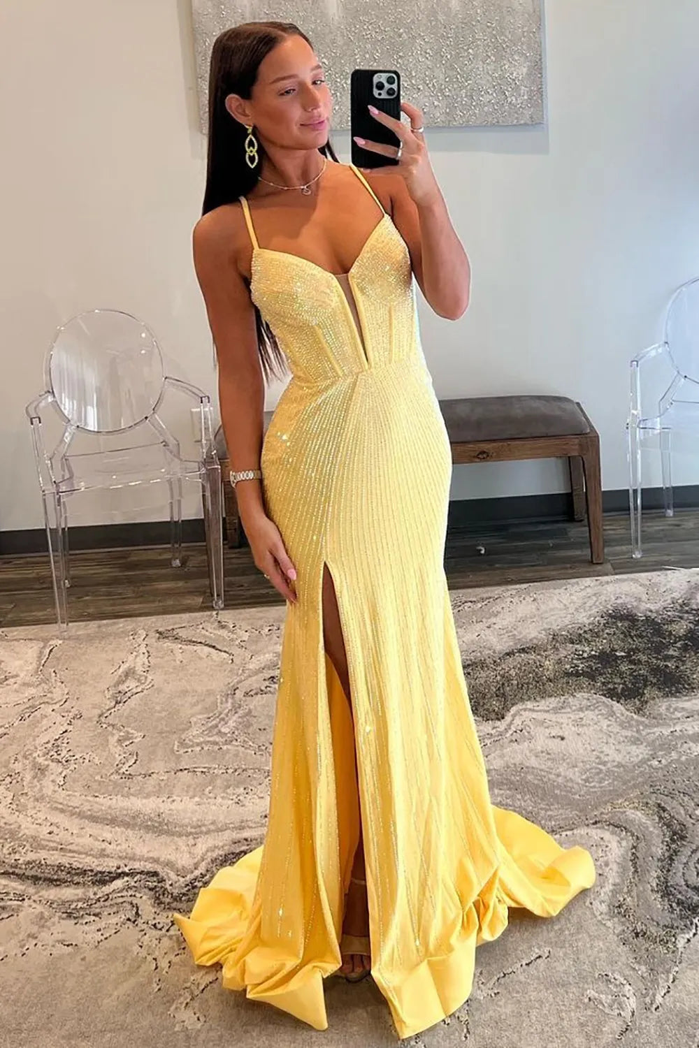 Sparkly Mermaid Spaghetti Straps Red Long Beaded Prom Dress With Beading Slit AD152
