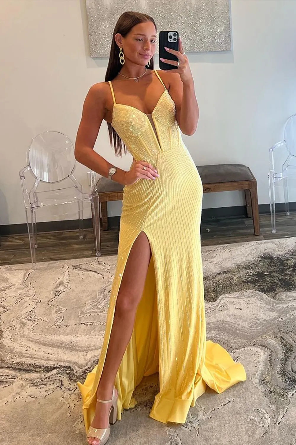 Sparkly Mermaid Spaghetti Straps Red Long Beaded Prom Dress With Beading Slit AD152