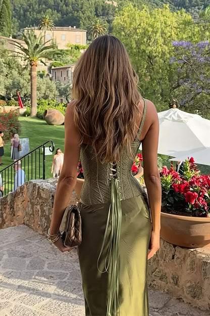 Chic Olive Green Straps Sweetheart Lace Corset Satin Mermaid Long Prom Dress Birthday Dress AD1520