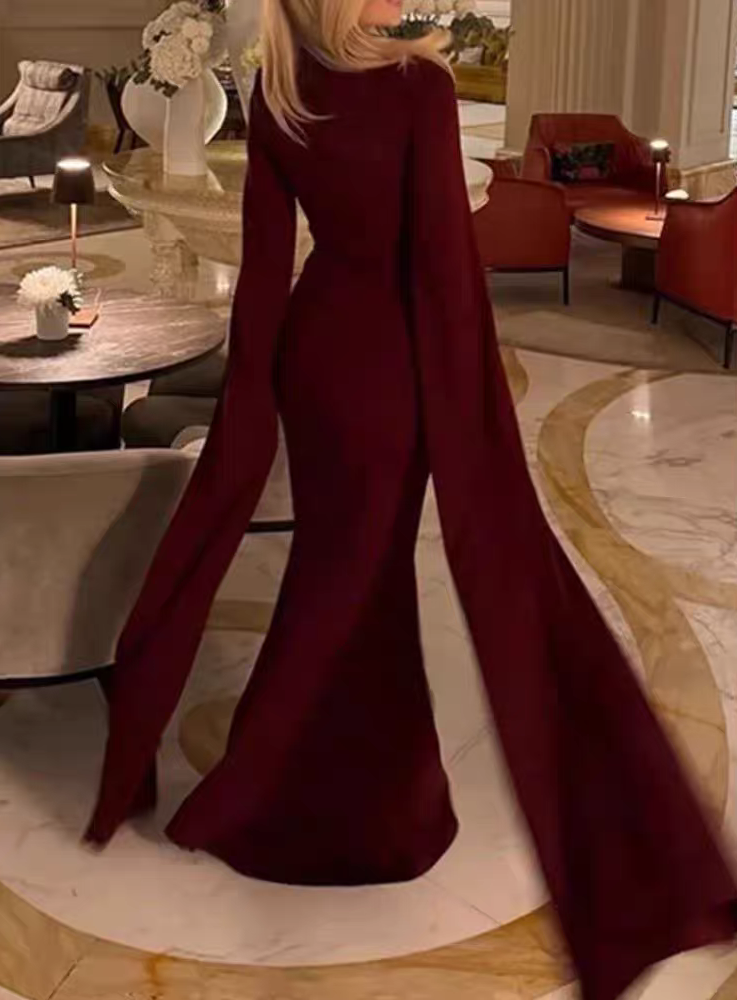 Sleek Black Cape Collar Sleeve Mermaid Long Prom Dress Birthday Dress AD1521