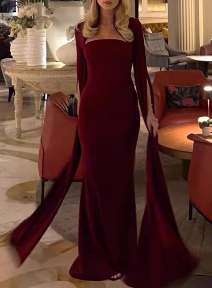 Sleek Black Cape Collar Sleeve Mermaid Long Prom Dress Birthday Dress AD1521
