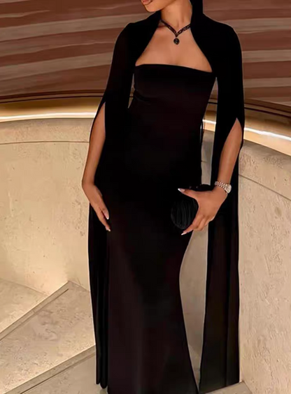 Sleek Black Cape Collar Sleeve Mermaid Long Prom Dress Birthday Dress AD1521