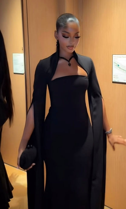 Sleek Black Cape Collar Sleeve Mermaid Long Prom Dress Birthday Dress AD1521