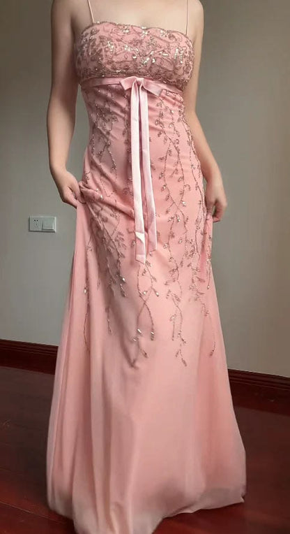 Romantic Pink Spaghetti Straps Beaded Bow Mermaid Long Prom Dress Birthday Dress AD1522