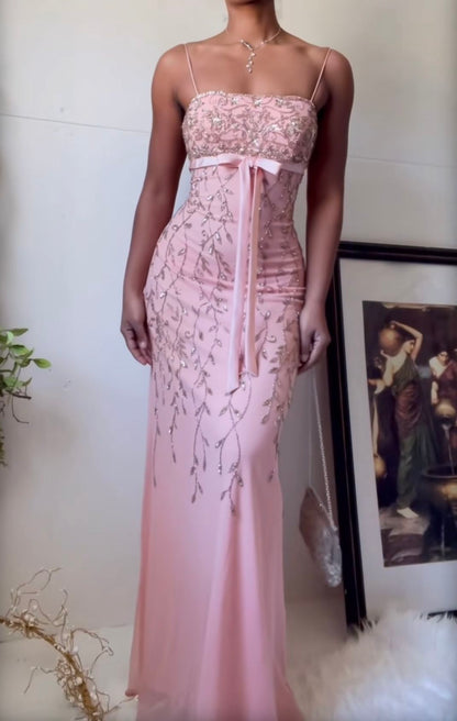 Romantic Pink Spaghetti Straps Beaded Bow Mermaid Long Prom Dress Birthday Dress AD1522