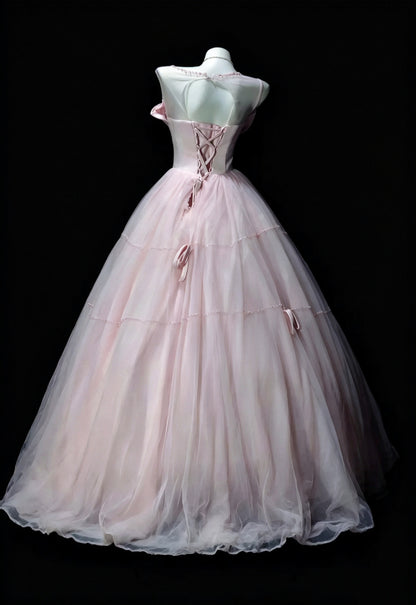 Gorgeous Pink Sheer Scoop Neck Applique Bow A Line Long Prom Dress Birthday Dress AD1528