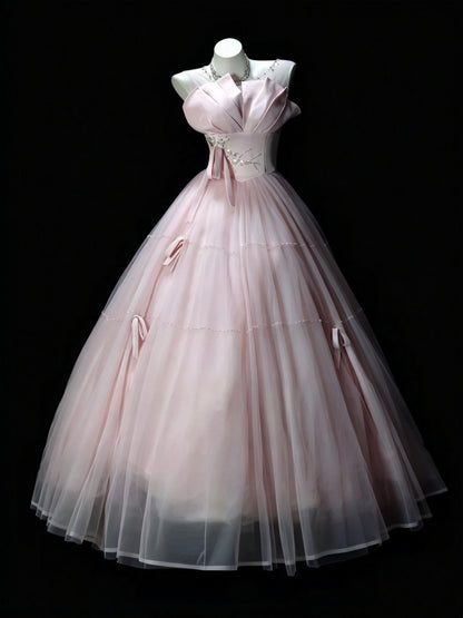 Gorgeous Pink Sheer Scoop Neck Applique Bow A Line Long Prom Dress Birthday Dress AD1528