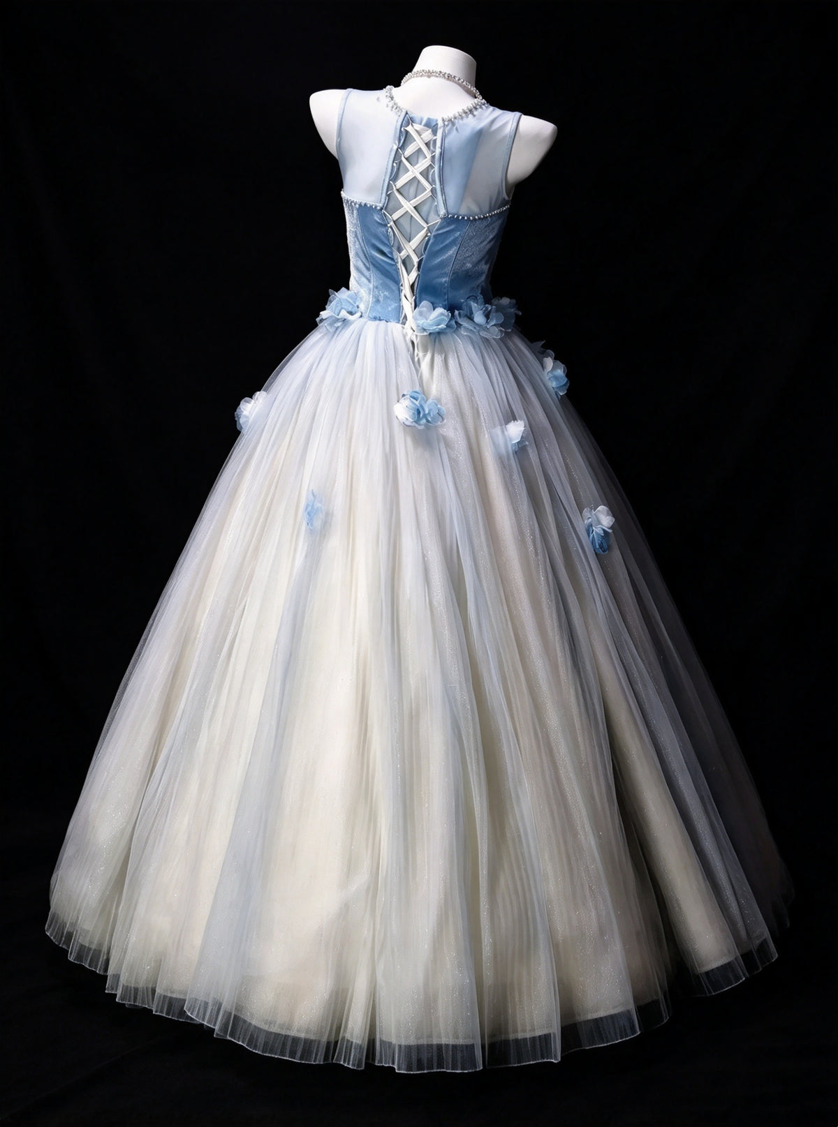Dreamy Blue Sheer Scoop Neck 3D Floral A Line Long Prom Dress Birthday Dress AD1529