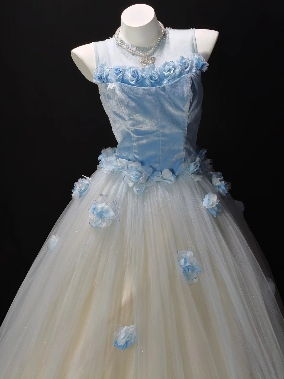 Dreamy Blue Sheer Scoop Neck 3D Floral A Line Long Prom Dress Birthday Dress AD1529