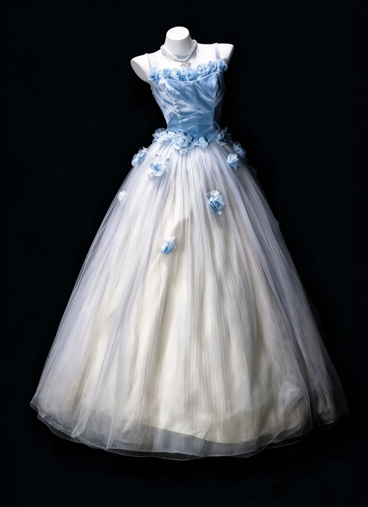 Dreamy Blue Sheer Scoop Neck 3D Floral A Line Long Prom Dress Birthday Dress AD1529