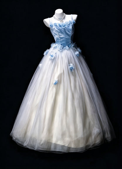 Dreamy Blue Sheer Scoop Neck 3D Floral A Line Long Prom Dress Birthday Dress AD1529