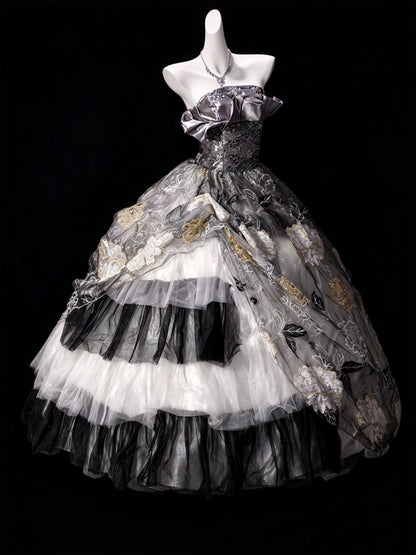 Chic Silver Black Strapless Ruffled Floral Embroidery Beaded A Line Long Prom Dress Birthday Dress AD1532