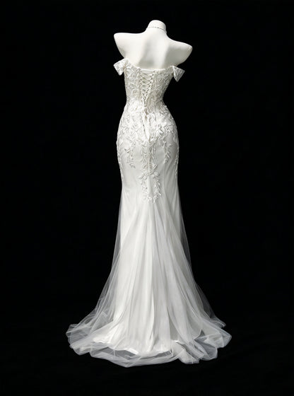 Elegant White Off Shoulder Lace Floral Appliques Mermaid Long Prom Dress Birthday Dress AD1535