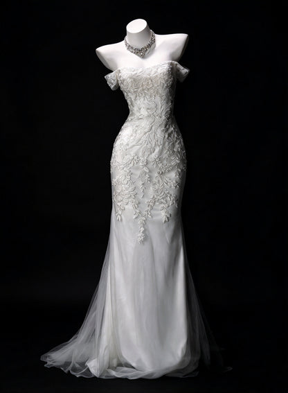 Elegant White Off Shoulder Lace Floral Appliques Mermaid Long Prom Dress Birthday Dress AD1535