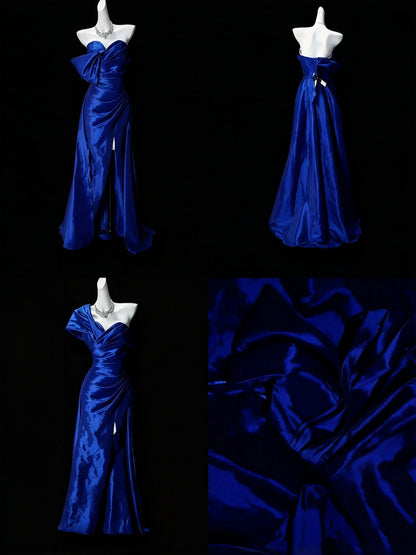 Glam Royal Blue One Shoulder Sweetheart Satin Ruched High Slit Mermaid Long Prom Dress Birthday Dress AD1536