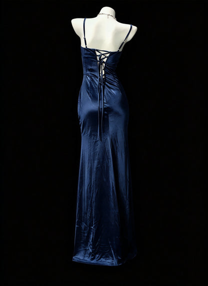 Glam Navy Spaghetti Straps Beaded Sweetheart Corset Ruched Satin High Slit Mermaid Long Prom Dress Birthday Dress AD1538