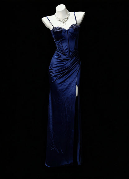 Glam Navy Spaghetti Straps Beaded Sweetheart Corset Ruched Satin High Slit Mermaid Long Prom Dress Birthday Dress AD1538
