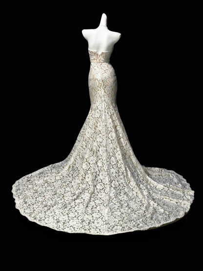 Elegant Ivory Strapless Full Floral Lace Mermaid Train Long Prom Dress Birthday Dress AD1539