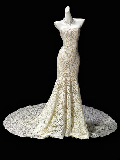 Elegant Ivory Strapless Full Floral Lace Mermaid Train Long Prom Dress Birthday Dress AD1539