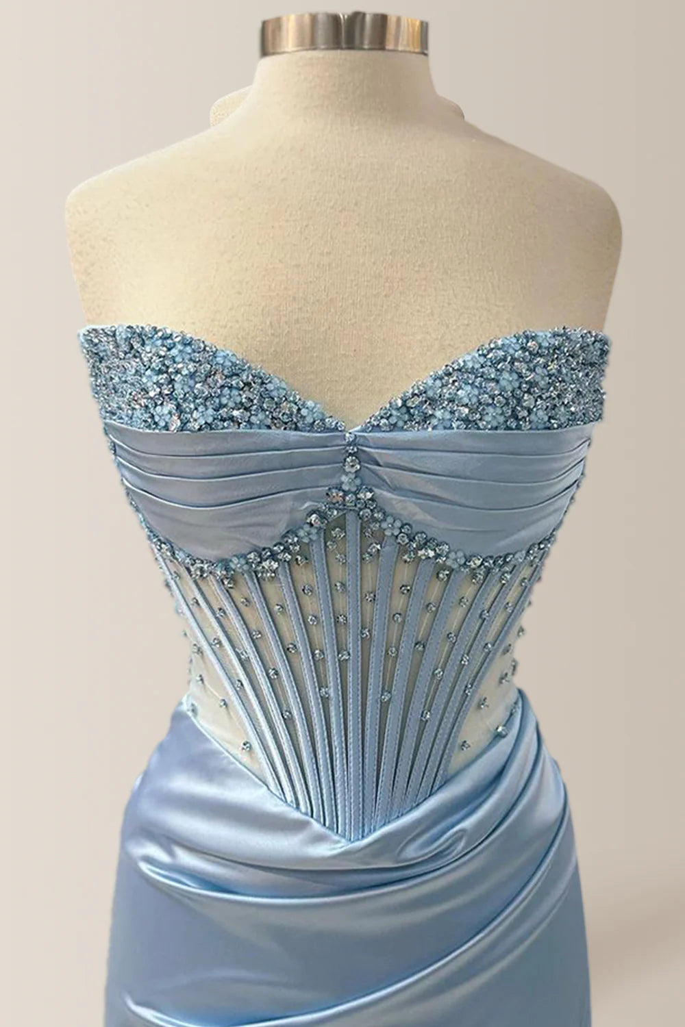 Elegant Dusty Blue Strapless Long Mermaid Satin Prom Dress With Beading AD154