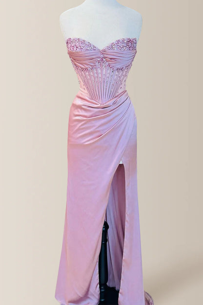 Elegant Dusty Blue Strapless Long Mermaid Satin Prom Dress With Beading AD154