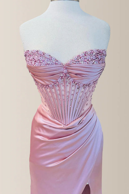 Elegant Dusty Blue Strapless Long Mermaid Satin Prom Dress With Beading AD154
