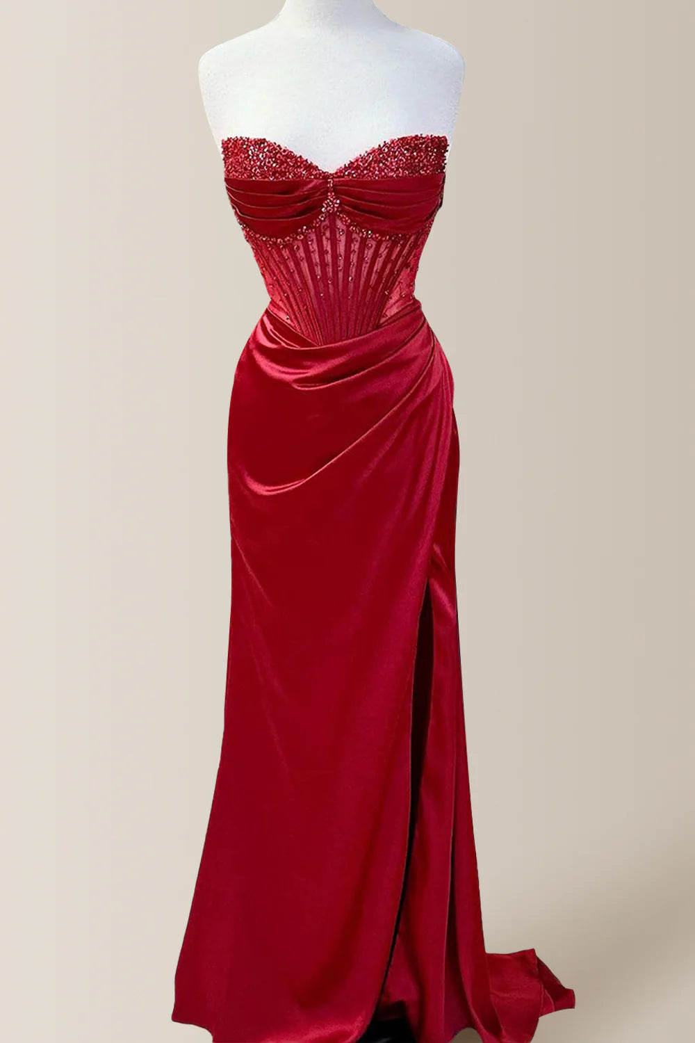 Elegant Dusty Blue Strapless Long Mermaid Satin Prom Dress With Beading AD154