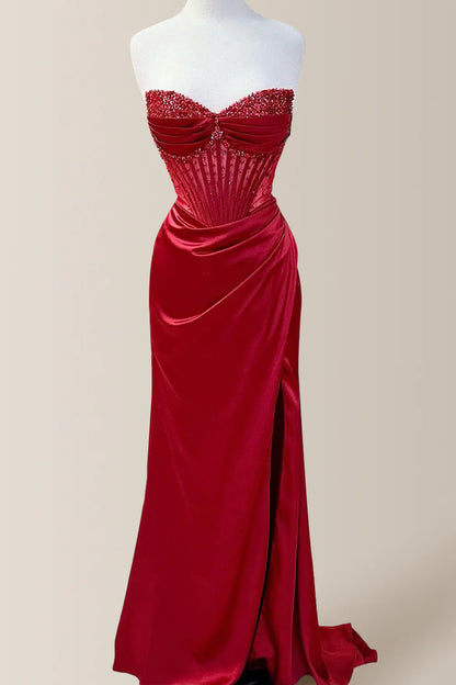 Elegant Dusty Blue Strapless Long Mermaid Satin Prom Dress With Beading AD154