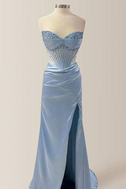 Elegant Dusty Blue Strapless Long Mermaid Satin Prom Dress With Beading AD154