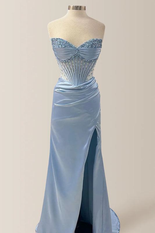 Elegant Dusty Blue Strapless Long Mermaid Satin Prom Dress With Beading AD154