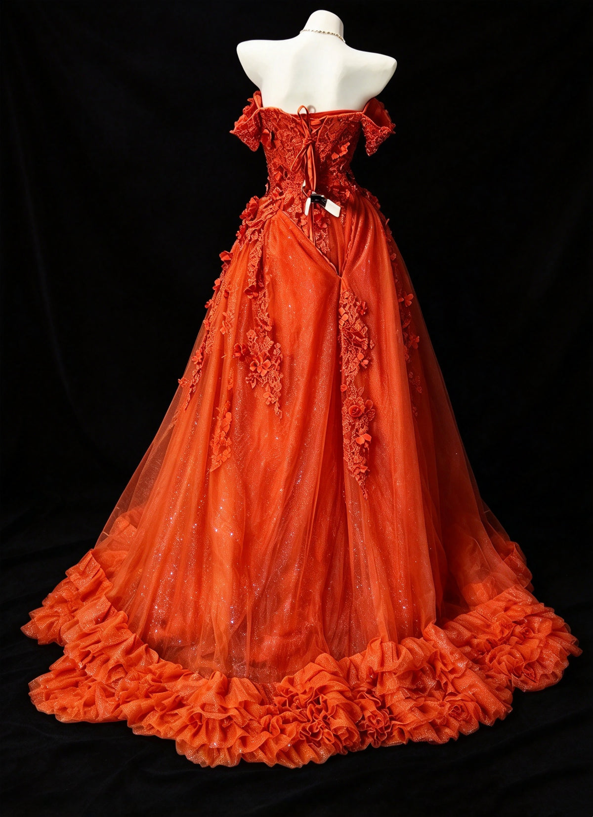 Gorgeous Orange Off Shoulder 3D Floral Beaded Glitter Tulle A Line Long Prom Dress Birthday Dress AD1540
