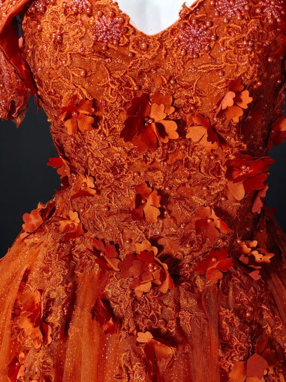 Gorgeous Orange Off Shoulder 3D Floral Beaded Glitter Tulle A Line Long Prom Dress Birthday Dress AD1540