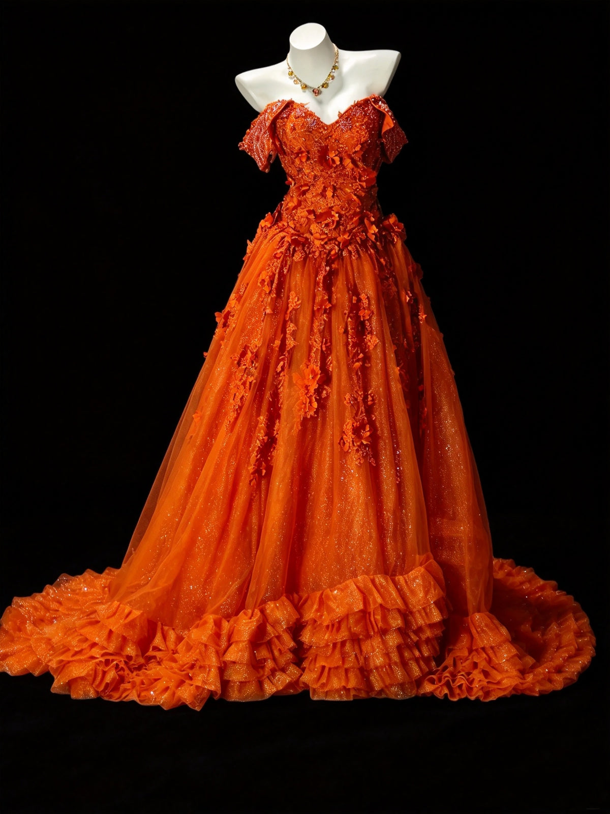 Gorgeous Orange Off Shoulder 3D Floral Beaded Glitter Tulle A Line Long Prom Dress Birthday Dress AD1540