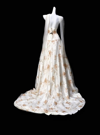Elegant Ivory Strapless V-Neck Gold Floral Embroidery A Line Long Prom Dress Birthday Dress AD1544