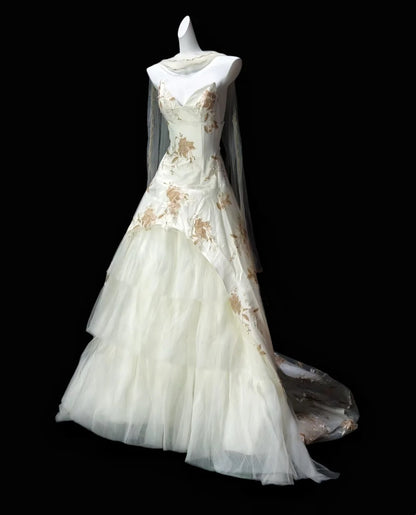 Elegant Ivory Strapless V-Neck Gold Floral Embroidery A Line Long Prom Dress Birthday Dress AD1544