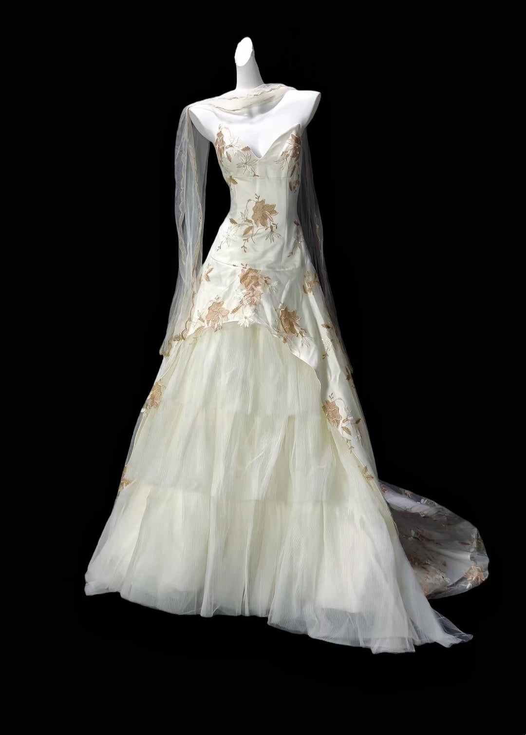 Elegant Ivory Strapless V-Neck Gold Floral Embroidery A Line Long Prom Dress Birthday Dress AD1544