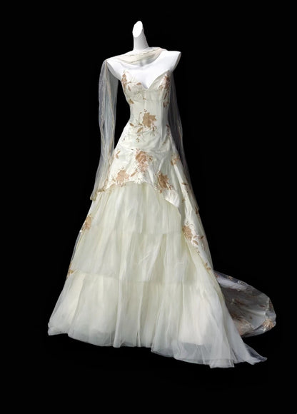 Elegant Ivory Strapless V-Neck Gold Floral Embroidery A Line Long Prom Dress Birthday Dress AD1544