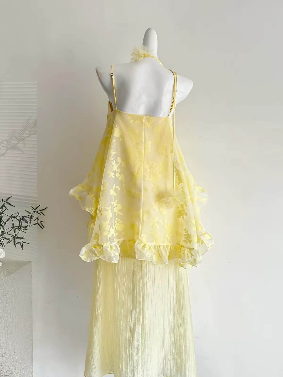 Chic Yellow Spaghetti Straps Floral Chiffon Ruffle Layered A Line Long Prom Dress Birthday Dress AD1547