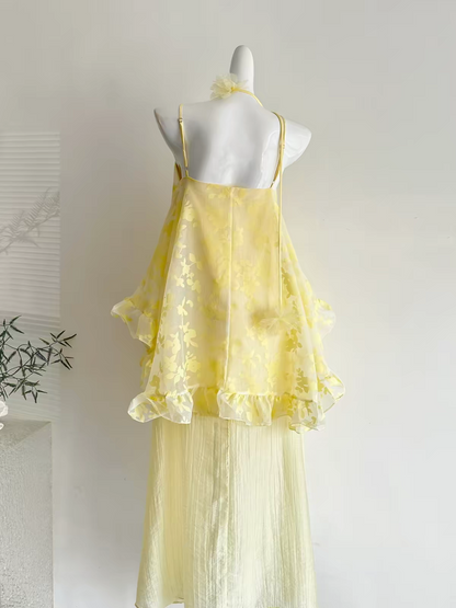 Chic Yellow Spaghetti Straps Floral Chiffon Ruffle Layered A Line Long Prom Dress Birthday Dress AD1547