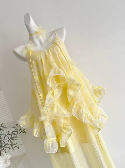 Chic Yellow Spaghetti Straps Floral Chiffon Ruffle Layered A Line Long Prom Dress Birthday Dress AD1547