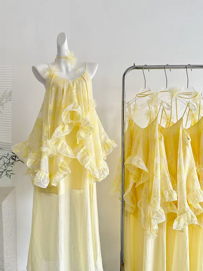 Chic Yellow Spaghetti Straps Floral Chiffon Ruffle Layered A Line Long Prom Dress Birthday Dress AD1547