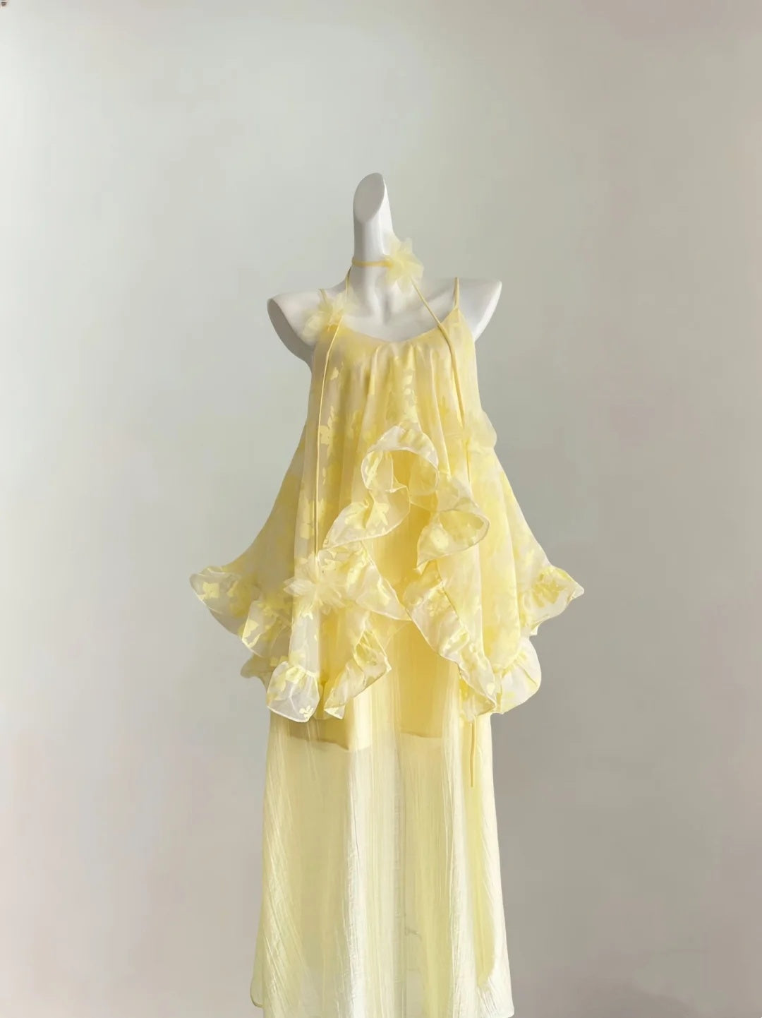 Chic Yellow Spaghetti Straps Floral Chiffon Ruffle Layered A Line Long Prom Dress Birthday Dress AD1547
