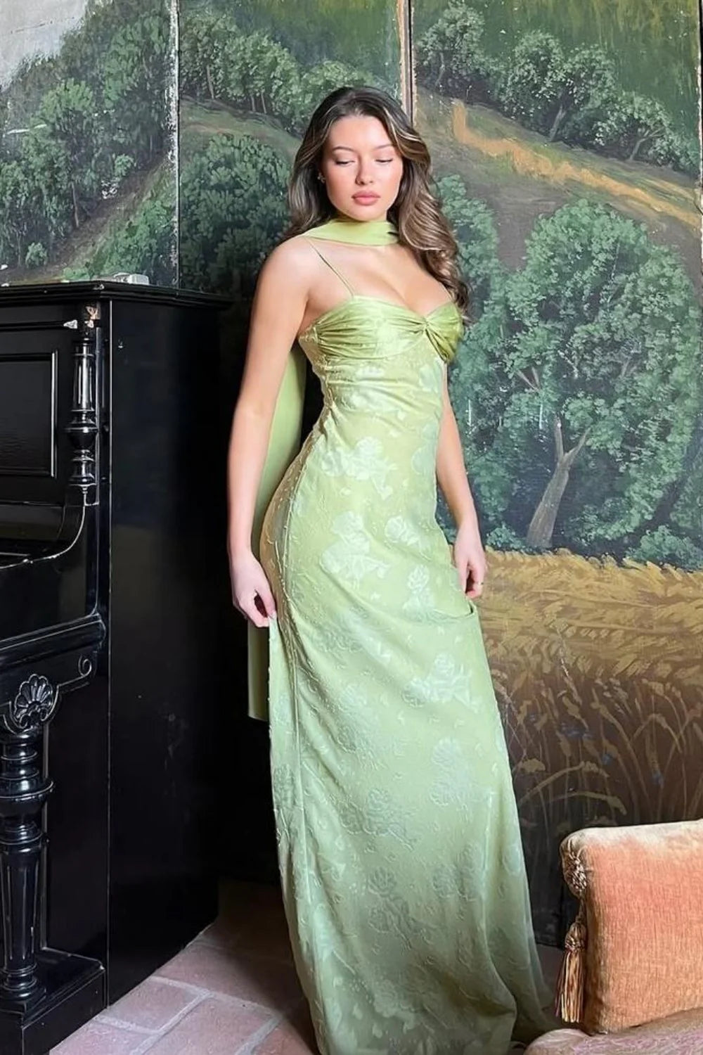 Vintage-Inspired Sage Green Long Prom Dress With Matching Neck Scarf AD155