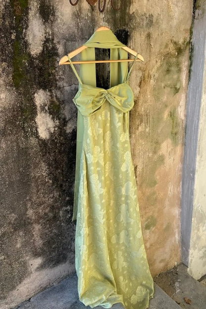 Vintage-Inspired Sage Green Long Prom Dress With Matching Neck Scarf AD155