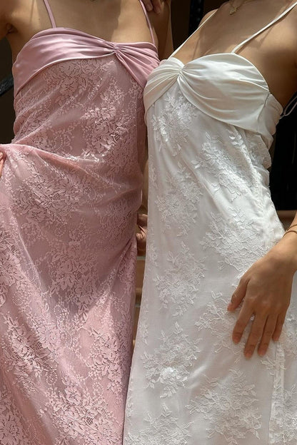 Romantic Blush Pink Lace Spaghetti Straps Prom Dress With Ruched Bodice AD156